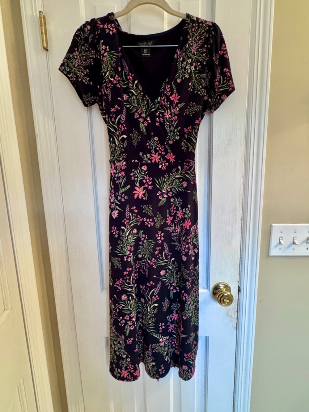 Rachel Zoe Black Floral V-Neck Midi Dress with Pink & Green Print